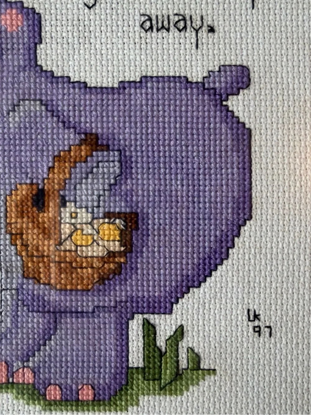 Vintage 1997 Finished Cross Stitch Framed Hippo Happiness Is Just A Daisy Away